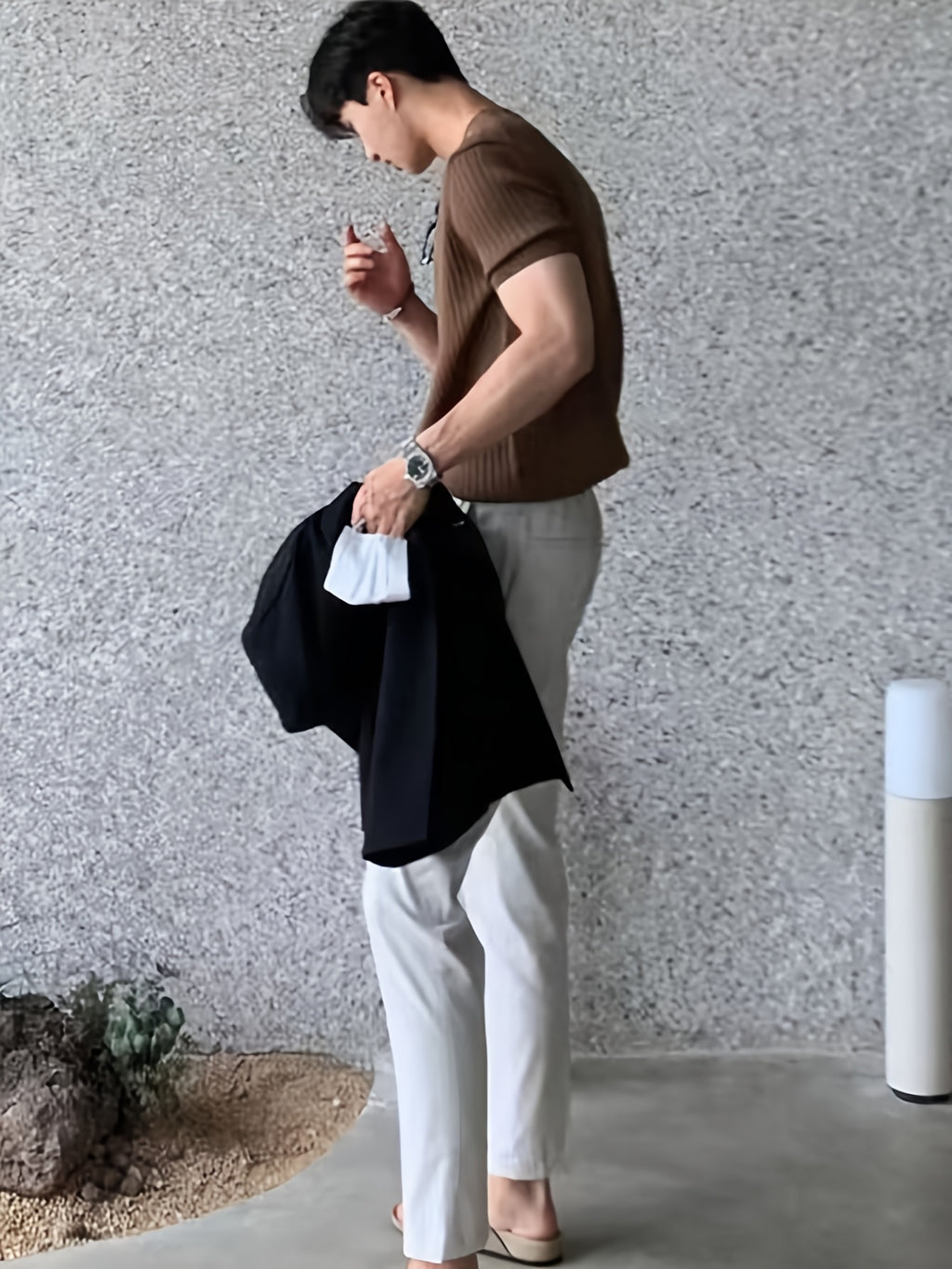 -Border New Men'S Small Pothole Striped Short-Sleeve Knit Sweater - Coffee Color