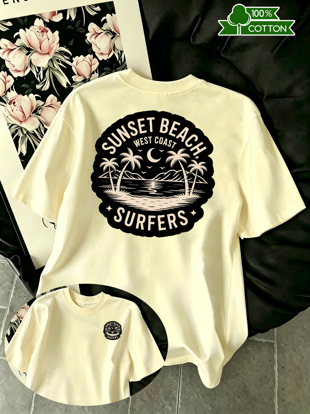 New Summer Style Men's Casual Sportswear Short-Sleeve Cotton T-Shirt with Coconut Tree and Crescent Moon Print, Moisture-Wicking and Comfortable for Fitness, Leisure, and Outdoor Activities - Apricot