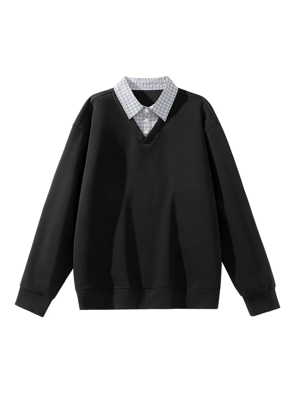 American Casual Men's Patchwork Shirt Collar 2-in-1 Look Sweatshirt, Relaxed Loose Fit V-Neck Versatile Daily Basic Long Sleeve Top - Black