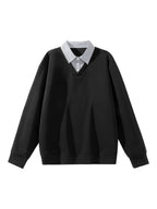 American Casual Men's Patchwork Shirt Collar 2-in-1 Look Sweatshirt, Relaxed Loose Fit V-Neck Versatile Daily Basic Long Sleeve Top - Black