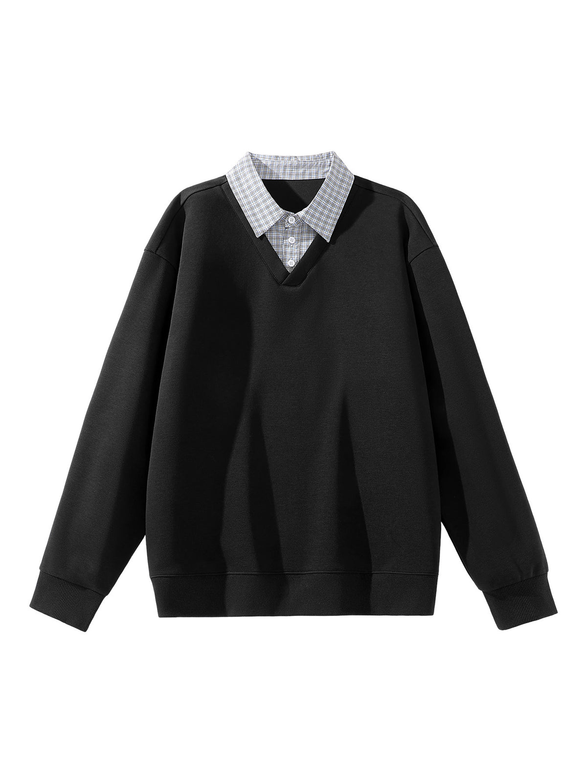 American Casual Men's Patchwork Shirt Collar 2-in-1 Look Sweatshirt, Relaxed Loose Fit V-Neck Versatile Daily Basic Long Sleeve Top - Black