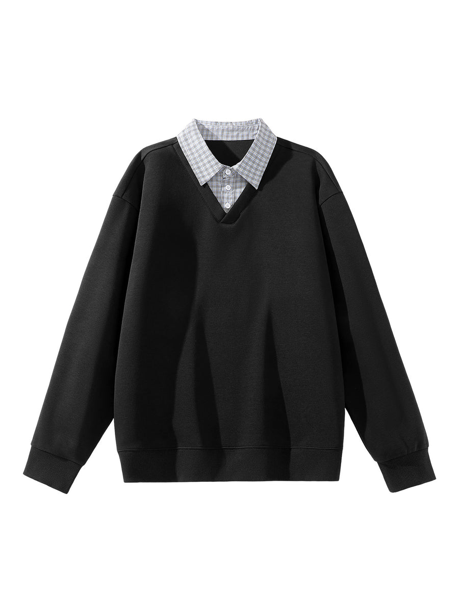 American Casual Men's Patchwork Shirt Collar 2-in-1 Look Sweatshirt, Relaxed Loose Fit V-Neck Versatile Daily Basic Long Sleeve Top - Black