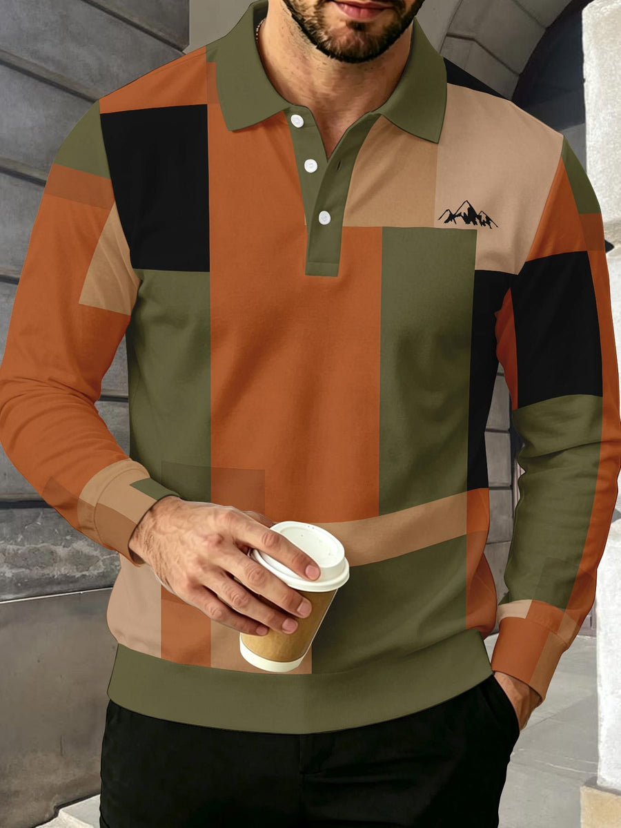 Color-Block Men'S Long Sleeve Polo Shirt, Lapel 3-Button Casual Top, Oil Painting Block Plaid Contrast Print, Spring Autumn Business Commute Golf Versatile Men'S Wear, Teenager Men'S Birthday Holiday Surprise Gift - Mixed Color G