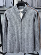 Men's Brushed Vertical Stripe Long-Sleeve Shirt, Vintage Vertical Stripes, Loose Casual Fit, Suitable for Autumn and Early Winter - SINBOS - Gray Stripe