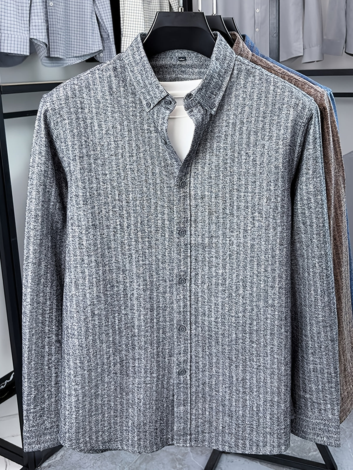 Men's Brushed Vertical Stripe Long-Sleeve Shirt, Vintage Vertical Stripes, Loose Casual Fit, Suitable for Autumn and Early Winter - SINBOS - Gray Stripe