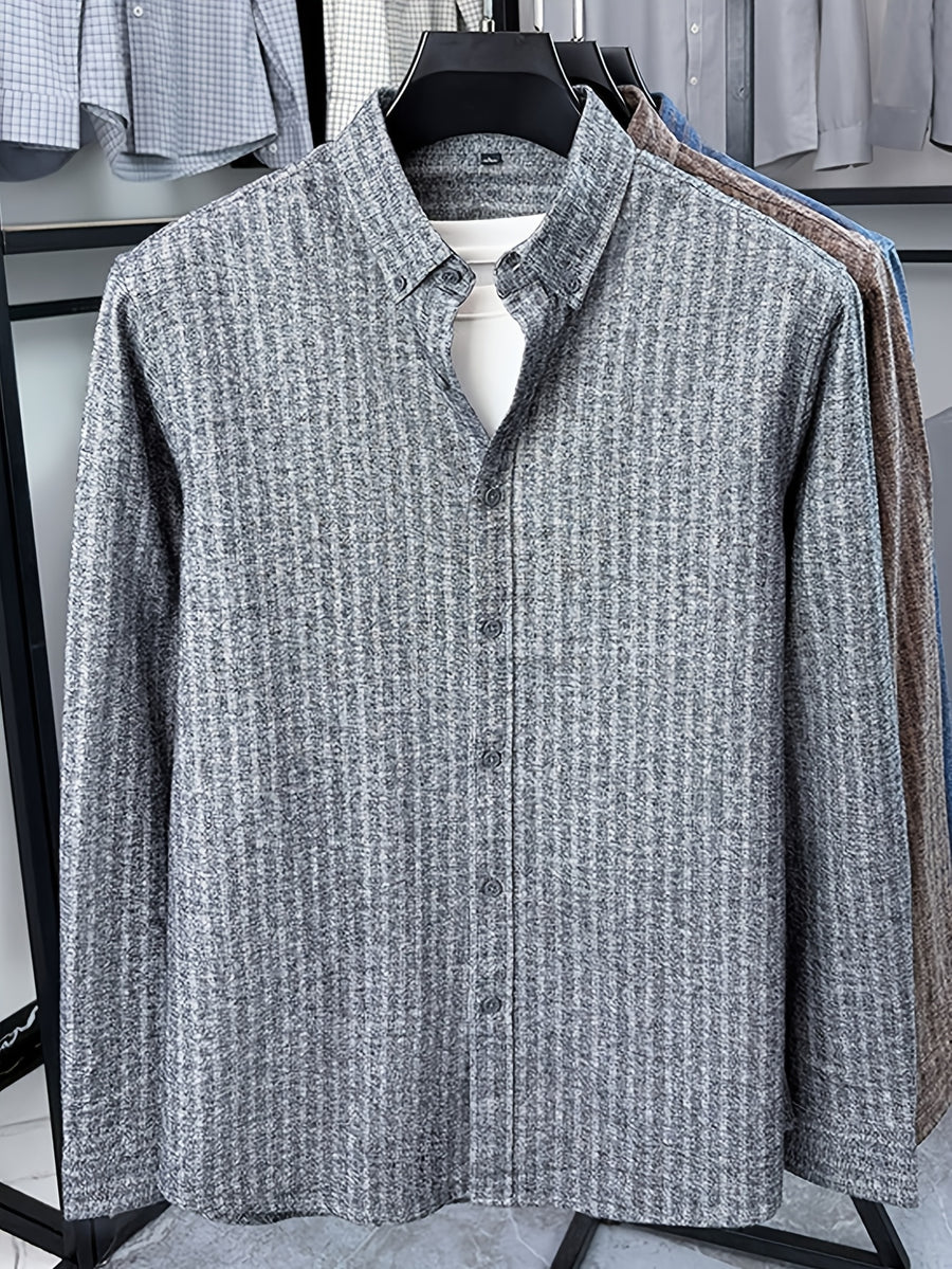 Men's Brushed Vertical Stripe Long-Sleeve Shirt, Vintage Vertical Stripes, Loose Casual Fit, Suitable for Autumn and Early Winter - SINBOS - Gray Stripe
