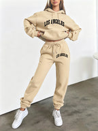 Autumn/Winter Trendy Fashion Women's Hooded Drawstring Sweatshirt and Sweatpants Set with Los Angeles Print, American Vintage Urban Style. Features a Hooded Drawstring Design and a Front Kangaroo Pocket on the Sweatshirt for Comfortable Cold-weather - Apricot
