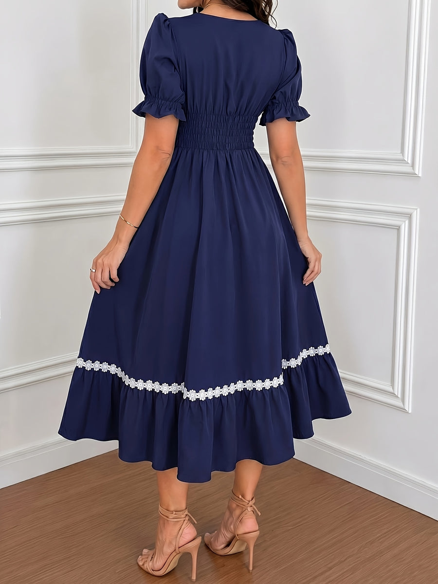 Women's Ombre Color Casual Elegant Vacation Wrap-Front Waist-Cinching A-Line Lace Trim Dress - Blue