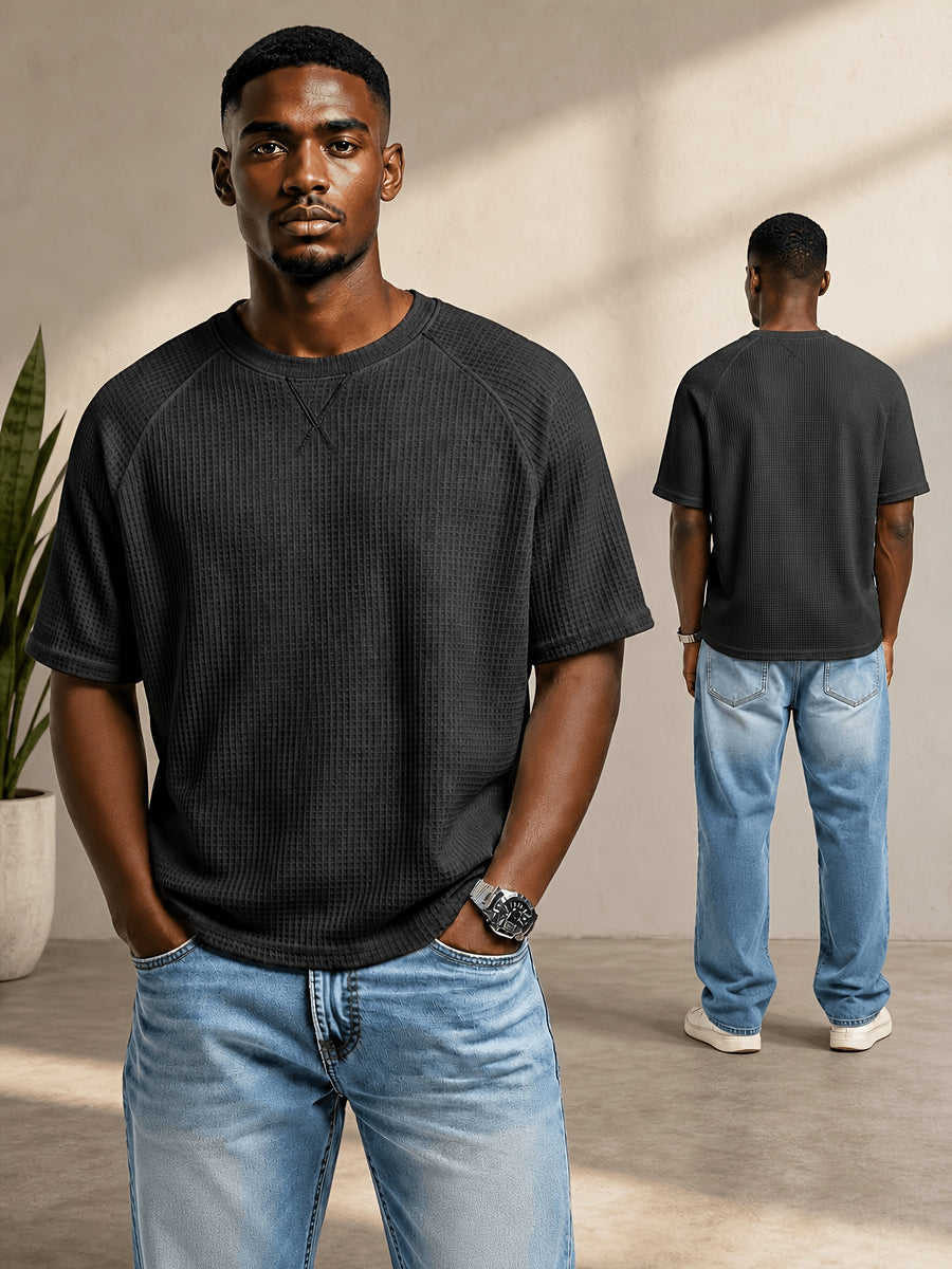 Men's Short-sleeve Waffle T-shirt, Lightweight and Breathable Crewneck Top, Suitable for Daily Casual Wear, Summer Vacations, and Outdoor Activities, with a Loose Fit - 1pc Black
