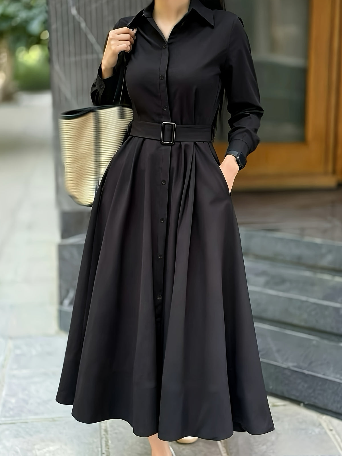2026 Spring/Autumn Black Shirt Collar Long Sleeve Dress Women'S Cinched Waist Tie-Belt Flared Midi Skirt Commute Temperament Office Daily Versatile Blouse-Style Dress - Black