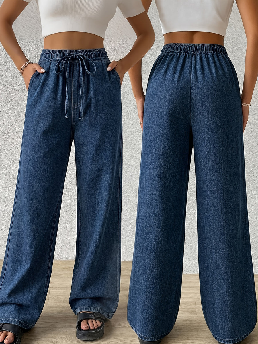 Women's New High-Waist Stretch Straight-Leg Denim Pants - Drawstring Elastic Waist Casual Design, Pull-on Jeans Style. Comfortable Jeans Perfect for Travel, Work, Shopping, and Office Wear. Made with Comfortable Fabric, Suitable for All Seasons And - Deep Blue