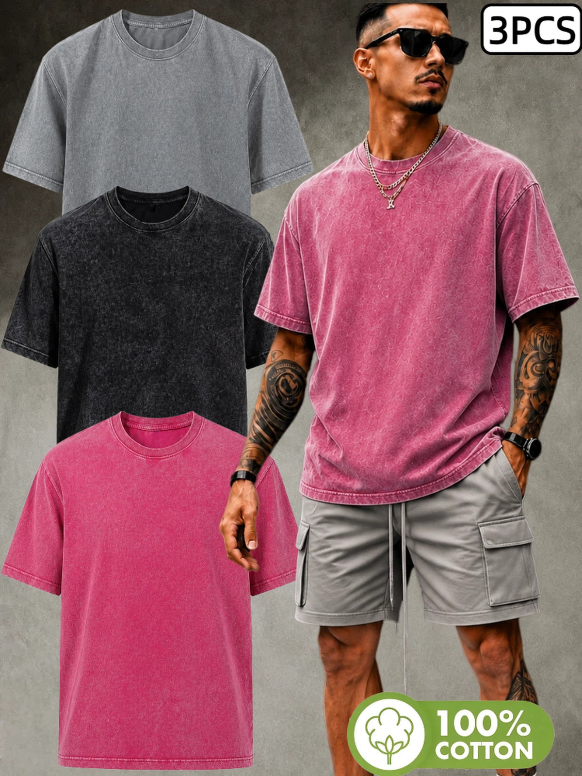 3pcs Heavyweight Pure Cotton American High Street Vintage Washed Distressed Short Sleeve T-Shirt for Men, New Summer Style, Plus Size, Loose Oversized, Niche Half-Sleeve Tee Top for Teenagers - Steel