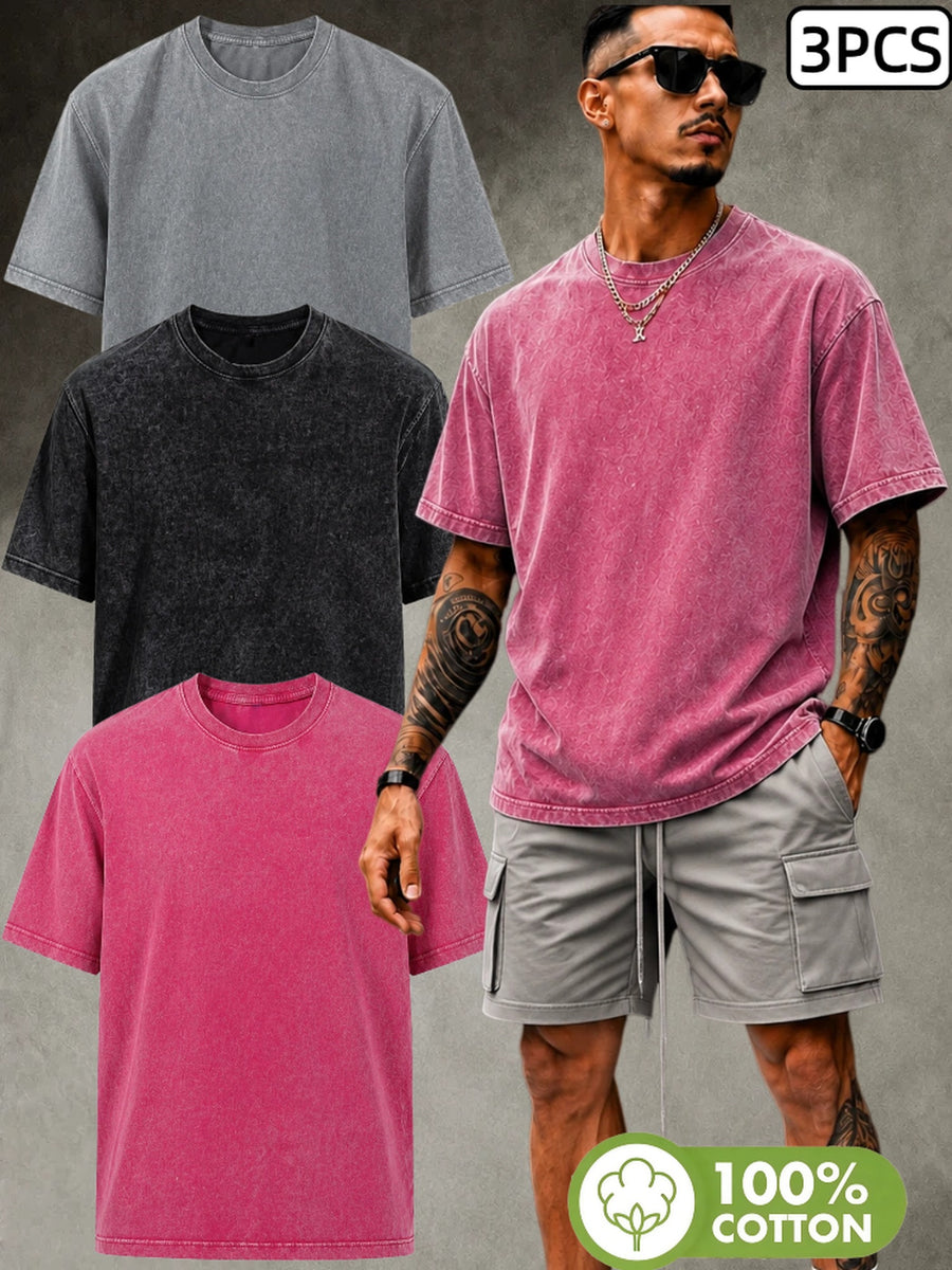 3pcs Heavyweight Pure Cotton American High Street Vintage Washed Distressed Short Sleeve T-Shirt for Men, New Summer Style, Plus Size, Loose Oversized, Niche Half-Sleeve Tee Top for Teenagers - Steel