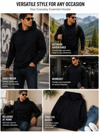 Men's Three-Panel Hooded Sweatshirt with Forest Scenery Patchwork Line Art Print, European and American Outdoor Style Casual Sweatshirt - Black