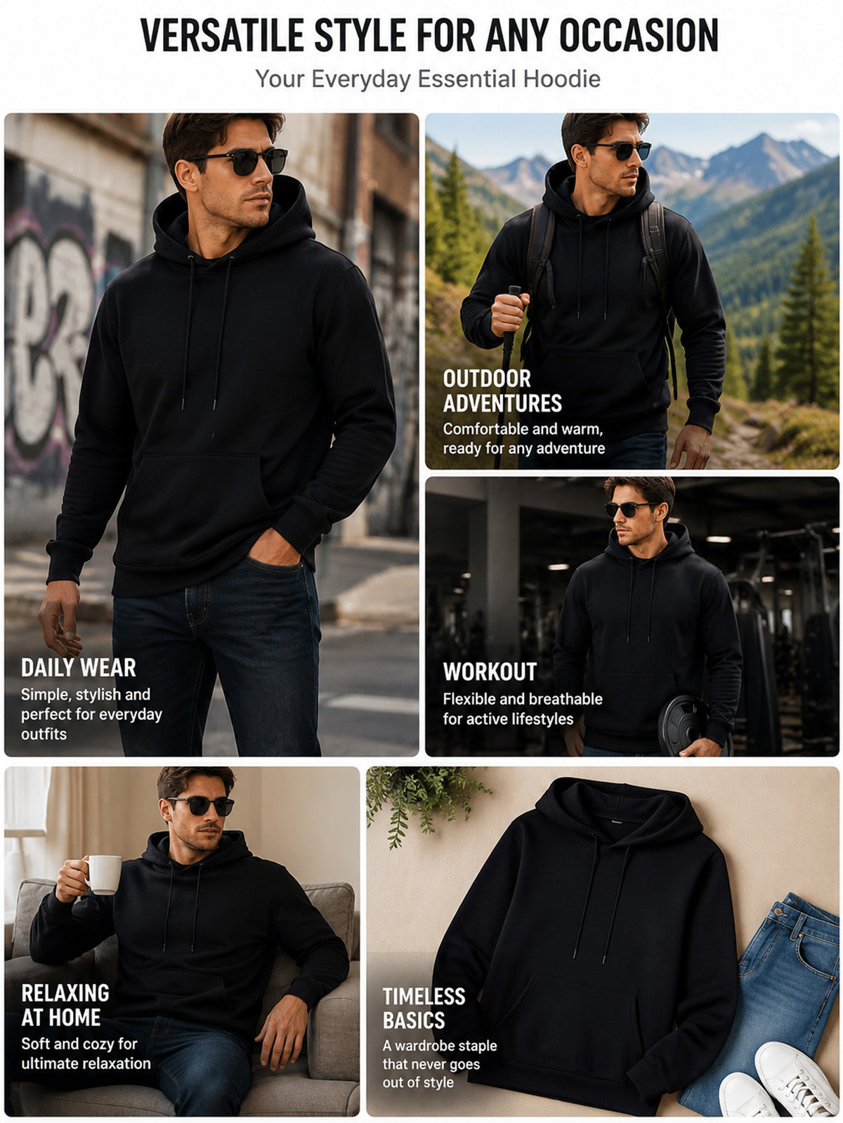 Men's Three-Panel Hooded Sweatshirt with Forest Scenery Patchwork Line Art Print, European and American Outdoor Style Casual Sweatshirt - Black