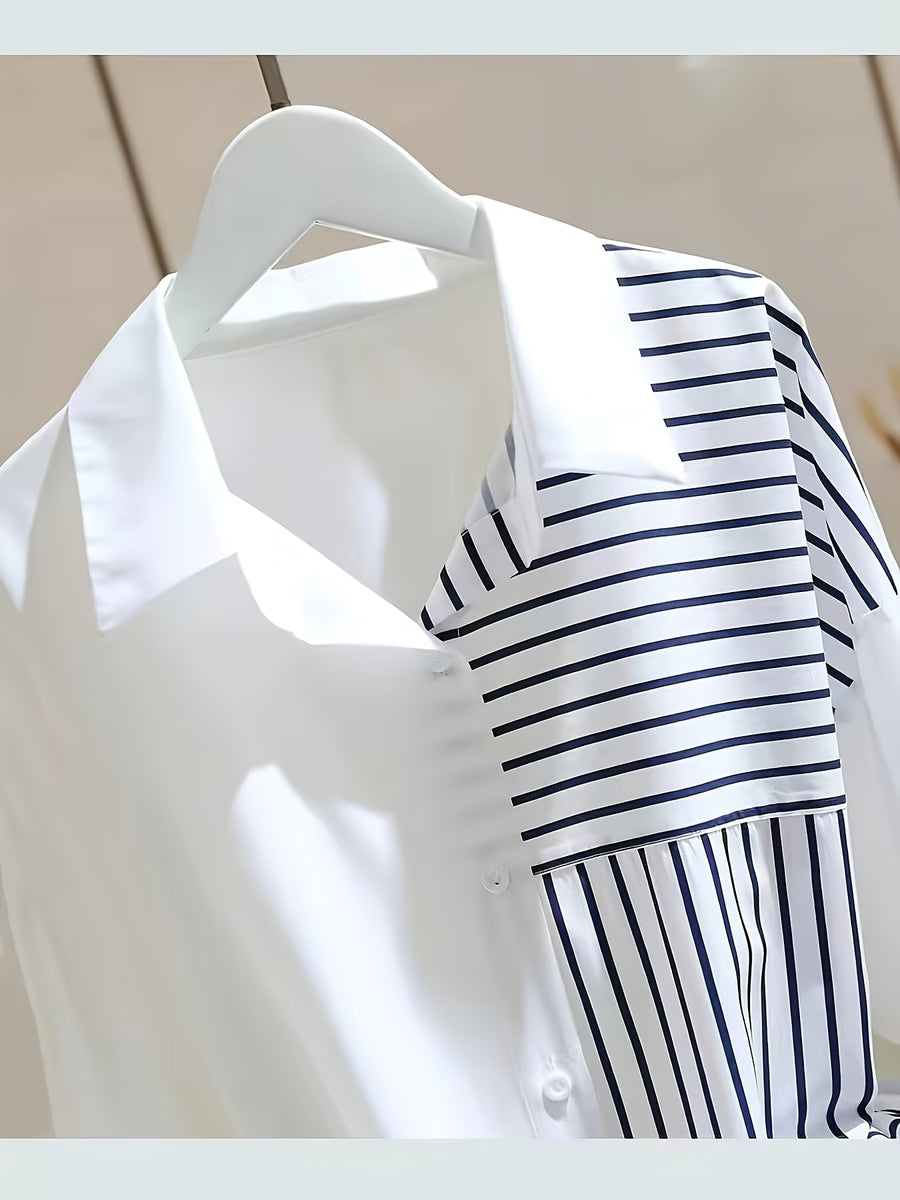 Elegant Women'S Patchwork Striped Shirt, Asymmetrical Color-Block Blouse, Flowing Commuter Top, Striped Versatile Shirt, Loose Long Sleeve - Mixed colors