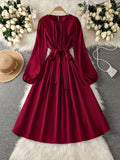 Women's Burgundy A-Line Wedding Guest Dress with Bow Tie Waist & Puff Sleeve - -Length Mid-Calf to Hem Long Sleeve Formal Gown, Machine Washable for Bridesmaid, Prom, Special Occasions (No Stretch)christmas women cloth&gift - Deep Red