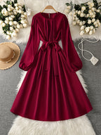 Women's Burgundy A-Line Wedding Guest Dress with Bow Tie Waist & Puff Sleeve - -Length Mid-Calf to Hem Long Sleeve Formal Gown, Machine Washable for Bridesmaid, Prom, Special Occasions (No Stretch)christmas women cloth&gift - Deep Red