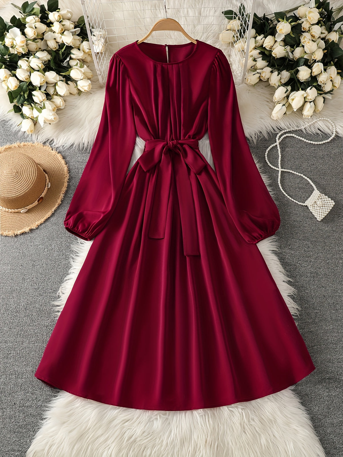 Women's Burgundy A-Line Wedding Guest Dress with Bow Tie Waist & Puff Sleeve - -Length Mid-Calf to Hem Long Sleeve Formal Gown, Machine Washable for Bridesmaid, Prom, Special Occasions (No Stretch)christmas women cloth&gift - Deep Red