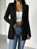 New Autumn/Winter Women's Solid Color Round Neck Long Sleeve Waist-Cinching Single-Breasted Jacket Outerwear - Black