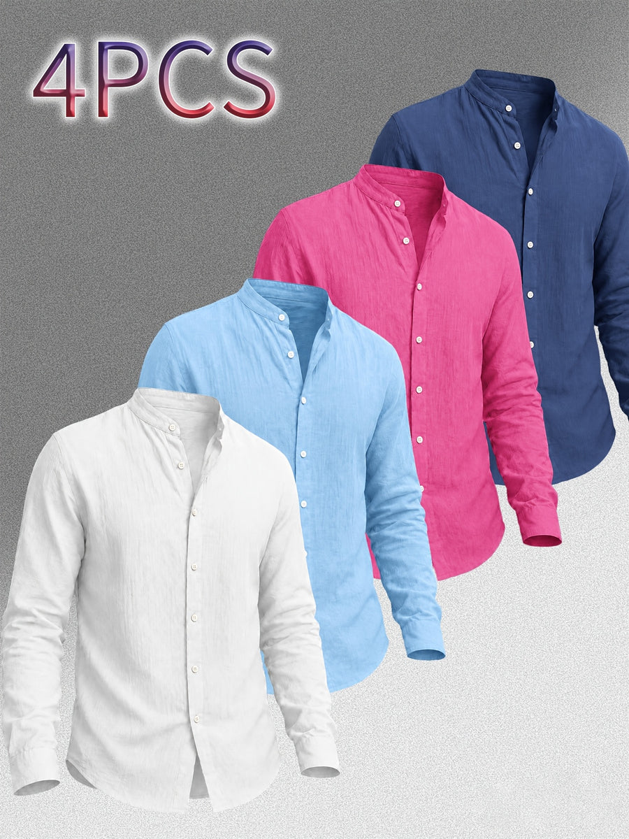 Zhiyu OBM Men's New Stand Collar Solid Color -Look Long Sleeve Shirt 4pcs Set, Simple Stand Collar Design, High-Quality Men's Long Sleeve Button- Shirt for Spring, Autumn, and Winter - Suitable for Outdoor Leisure, Vacation, Travel, and Formal Wear - White + Sky Blue + Rose Red + Navy Blue