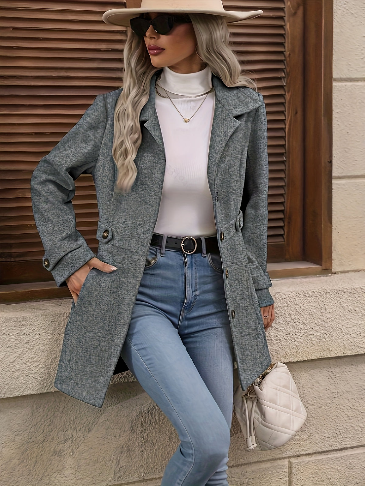 Elegant Women's Fashion Tweed Coat, Stylish Waist-Cinching Mid-Length Solid Color New Autumn/Winter Overcoat - Grey