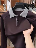 Autumn Contrast Collar Long Sleeve Polo Shirt, Men'S Drop Shoulder Knit Pullover, Spring Autumn Business Casual Base Layer Top, Loose Patchwork Collar T-Shirt, Casual Fishing Top - Reddish Brown
