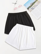 2pcs, Letter Print Drawstring Shorts, Casual Shorts, Women'S Clothing - Black+White