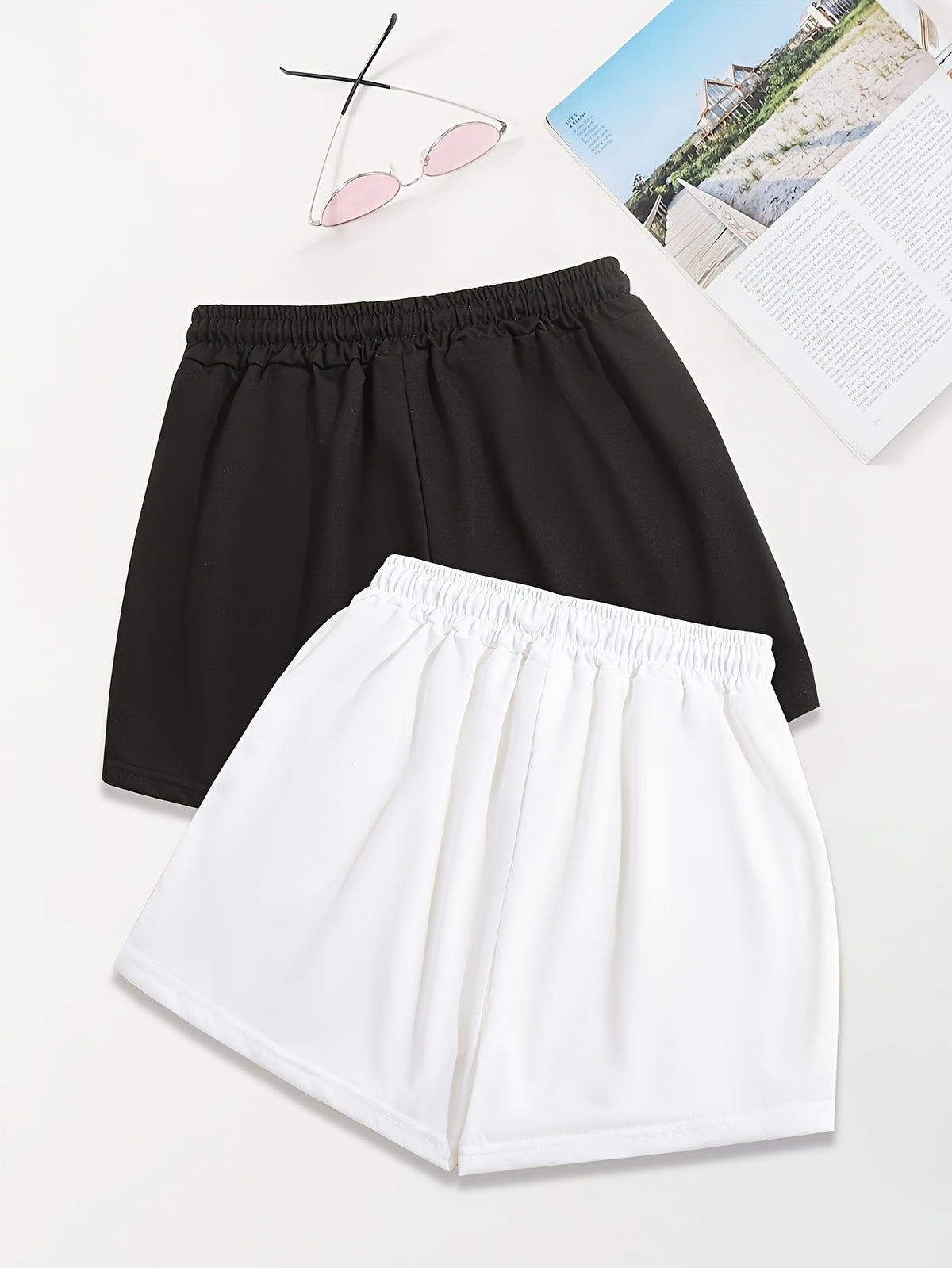 2pcs, Letter Pattern Drawstring Shorts, Casual Shorts, Women'S Clothing - Black+White