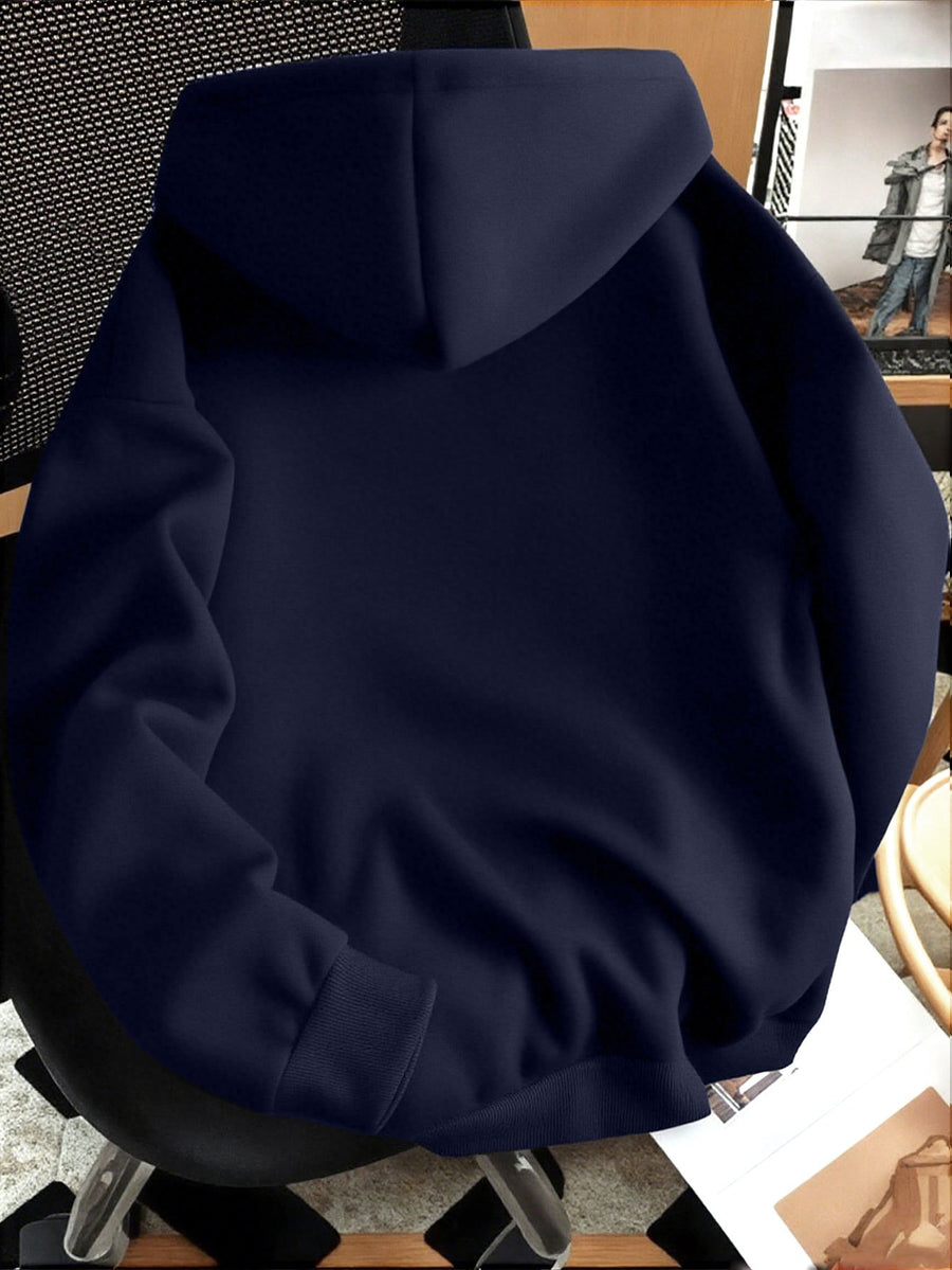 Minimalist Style Letter Print Hooded Sweatshirt, Versatile Top for Daily Casual and Commuting - Navy Color