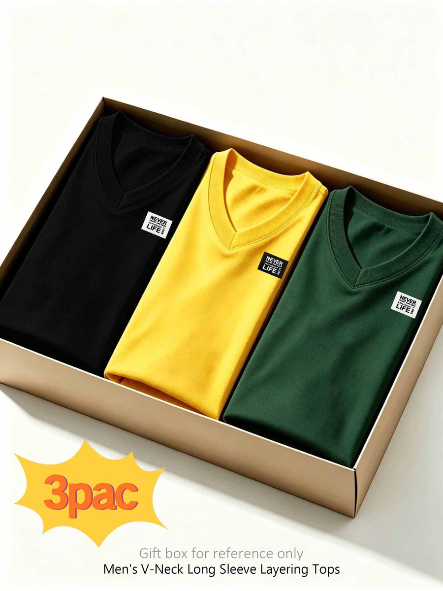 100%, 3pcs Men'S V-Neck Long Sleeve Chokers T-Shirts, Men'S Knit Sweatshirt, New Casual Athletic Ribbed Collar Top - Black+yellow+dark Green