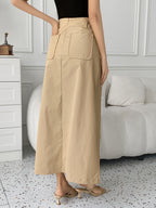 Women'S Old Money Style Elegant Commuter Solid Pocket Mid-Waist Slit A-Line Maxi Skirt (No Belt), Suitable for Dates/Vacation/Outing/Casual/Commute/Elegant/Fashion/Casual/Office/Retro/Holiday/Fun/Elegant/Old Money Style/Streetwear/Vacation Wear/Coun - Khaki