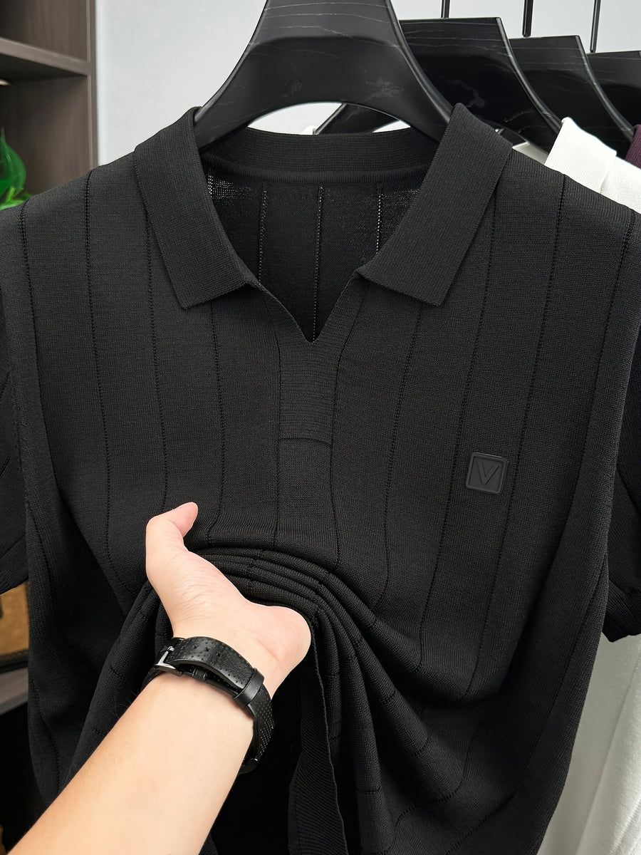 Men'S Knit Polo Shirt Short Sleeve V-Neck Vertical Stripes, Business Casual Spring Summer Commute Top, 1pc Multi-Occasion Ready - Black