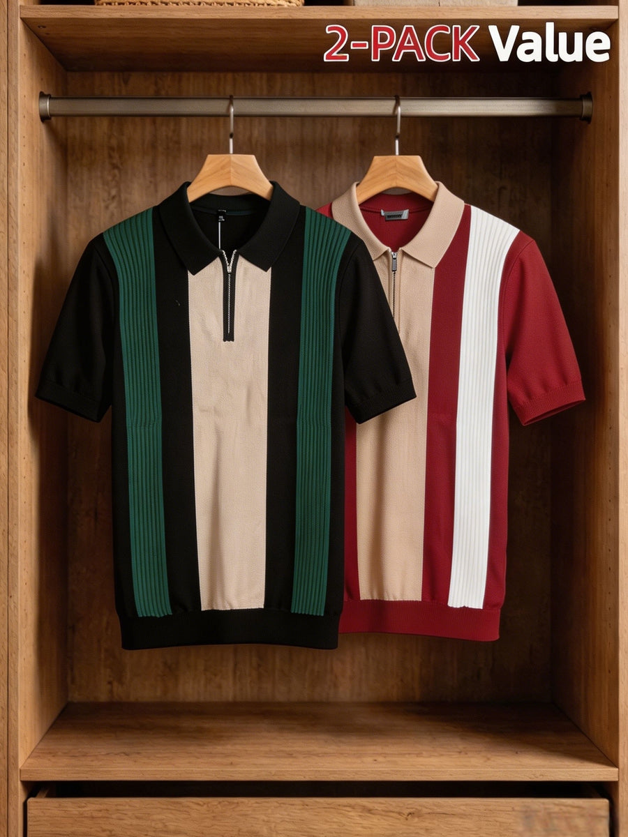 Old Money Style Men's Half-Zip Contrast Color Vertical Stripe Knit Polo 2pcs Set, Ice Silky Fiber Fabric, Breathable Business Casual Short-Sleeve Suit Sweater - 2PACK-BR