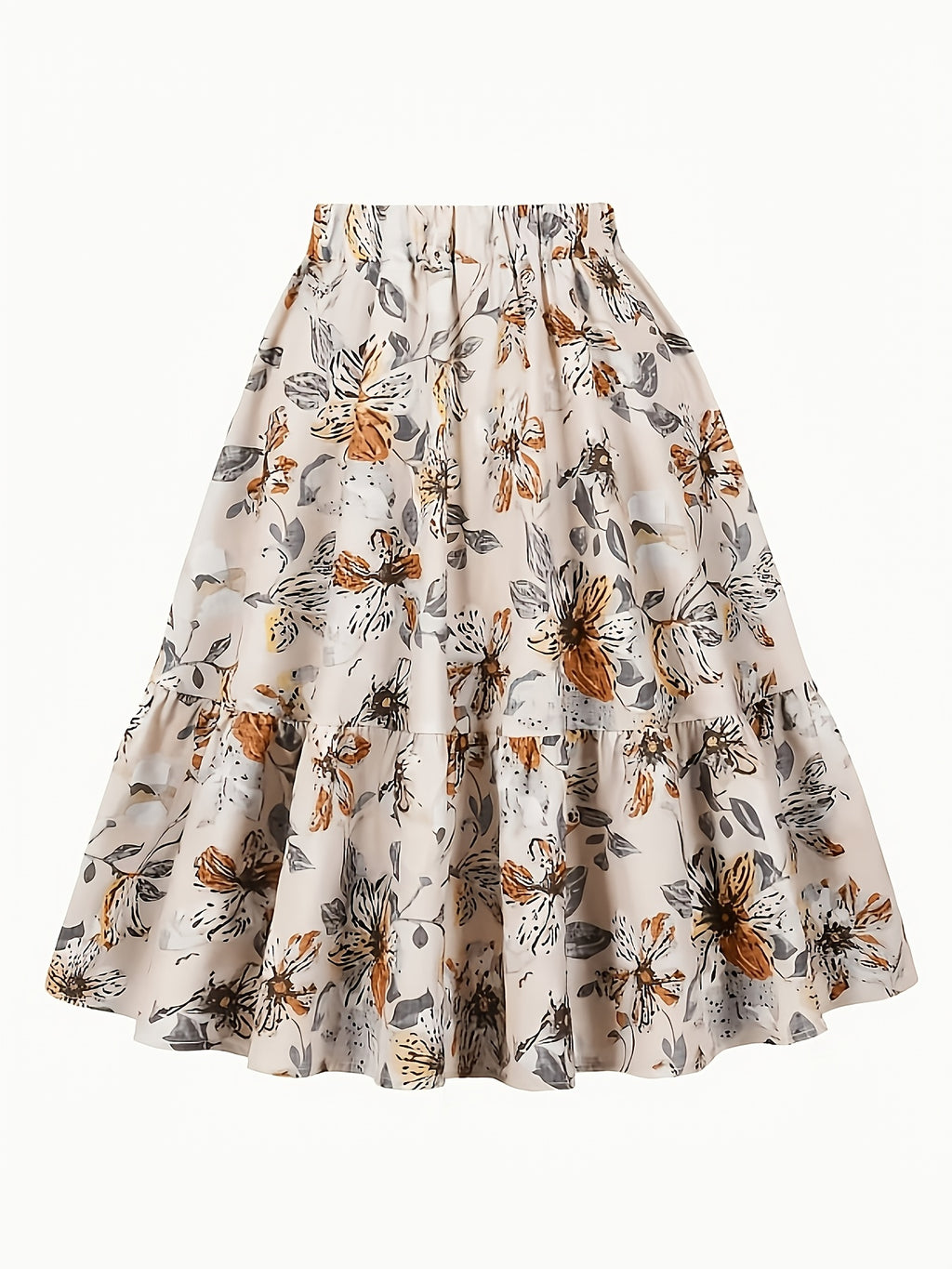 Women'S Summer Beige Base Vintage Floral Elastic Waist Ruffle A-Line Flared Midi Skirt - White