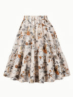 Women'S Summer Beige Base Vintage Floral Elastic Waist Ruffle A-Line Flared Midi Skirt - White