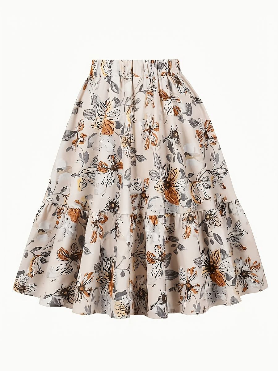 Women'S Summer Beige Base Vintage Floral Elastic Waist Ruffle A-Line Flared Midi Skirt - White