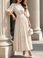 YYTT Women's Elegant Casual Polka Dot Bubble Sleeve Long Dress, Drawstring Waist, Back Slit Button Style, Gentle Style Commuting and Vacation Dress - Apricot