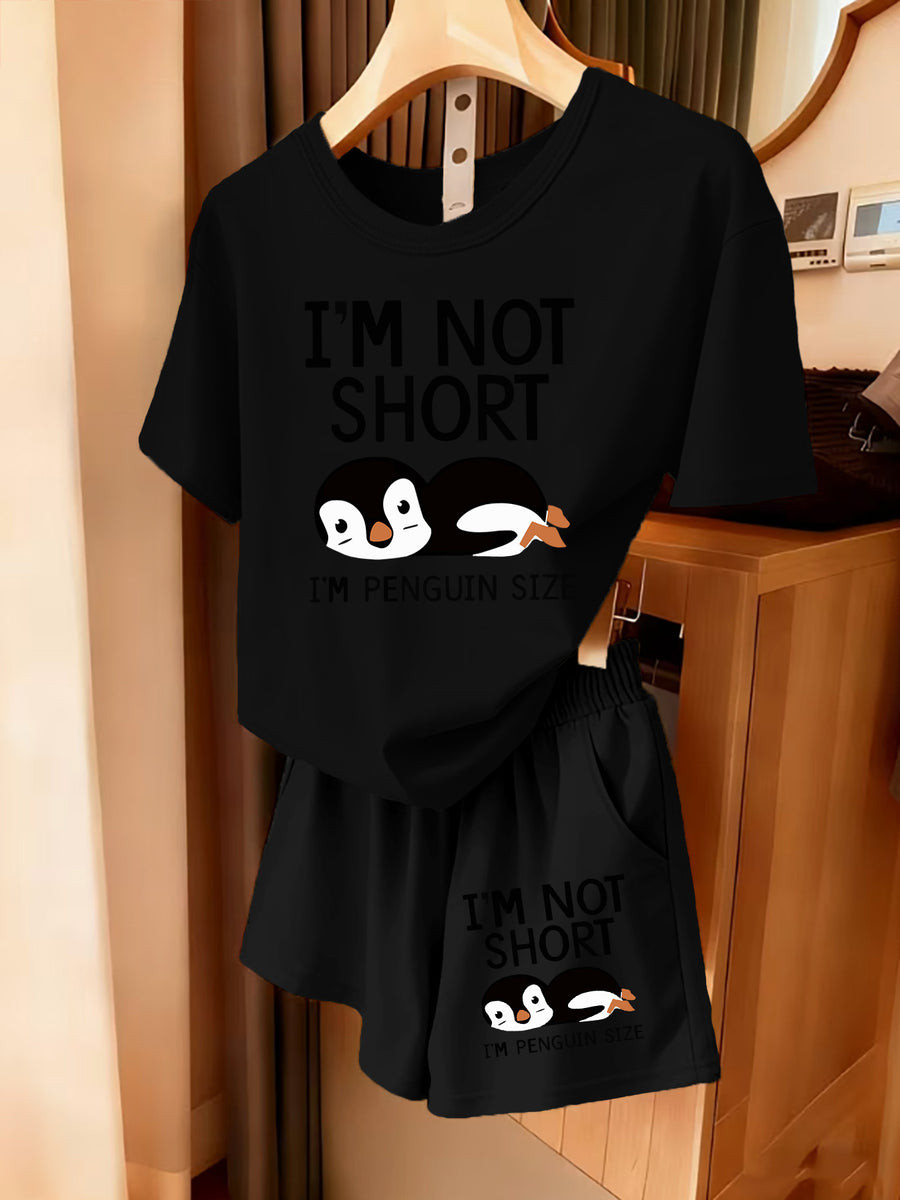 2pcs Women'S Summer Short Sleeve Set - I'M NOT SHORT Fun Penguin Print Short Sleeve And Shorts Outfit, Comfortable, Soft, Breathable Sportswear for Daily Wear, Suitable For, Campus, Valentine'S Day, Women'S Pajamas, Jogging, Fitness - Black+black