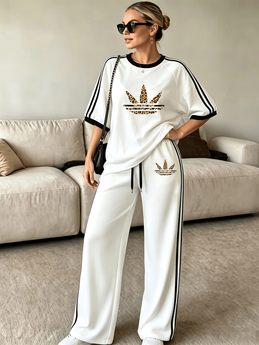 2pcs Set of Barcode Women'S Short Sleeve Long Pants, Printed Color-Block Comfortable Soft Casual Outdoor Sports Set Long Sweatpants Short Sleeve Top - White
