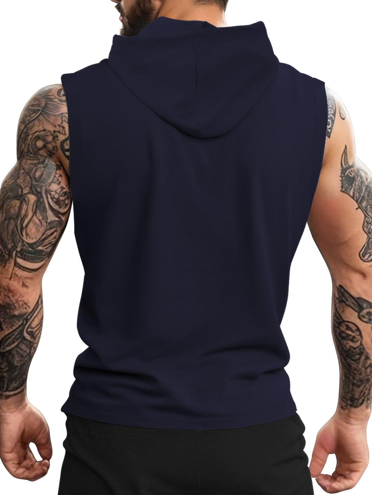 Men's Athletic Hooded Sleeveless Shirt - Gym Workout Top with Hood, Breathable Fabric for Running, Training, Casual Streetwear - Machine Washable Muscle Shirt (Non-Transparent), Workout Clothes, Training Gear, Sporty Design, Comfortable Fit, Performance - Navy Color