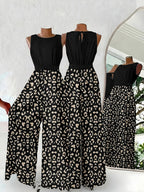 New Arrival Women's Printed Jumpsuit for Outings, Leisure, Seaside Vacations, with Gathered Waist, Fashionable for Commuting and Home Wear - Black