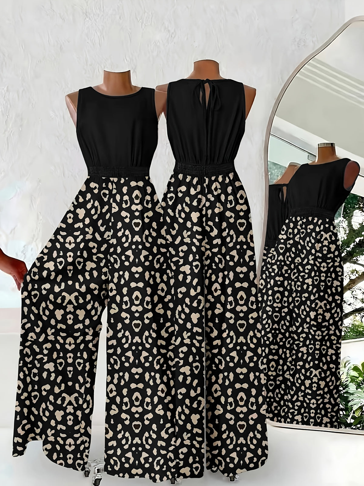 New Arrival Women's Printed Jumpsuit for Outings, Leisure, Seaside Vacations, with Gathered Waist, Fashionable for Commuting and Home Wear - Black