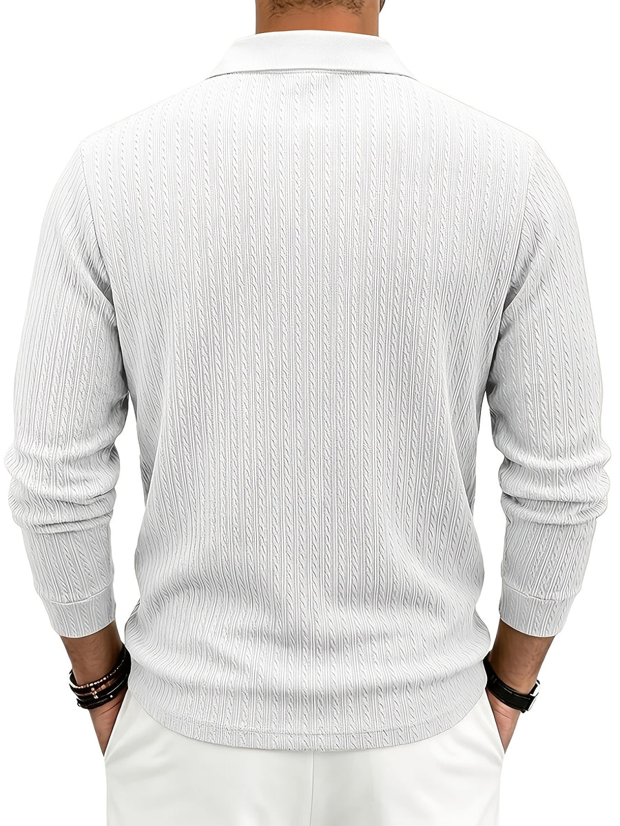 Spring/Autumn Men'S Long Sleeve Polo Shirt, High-Elastic Textured Vertical Rib Jacquard Collar T-Shirt, Business Casual Slim Fit Versatile Solid Color Pullover Top - White