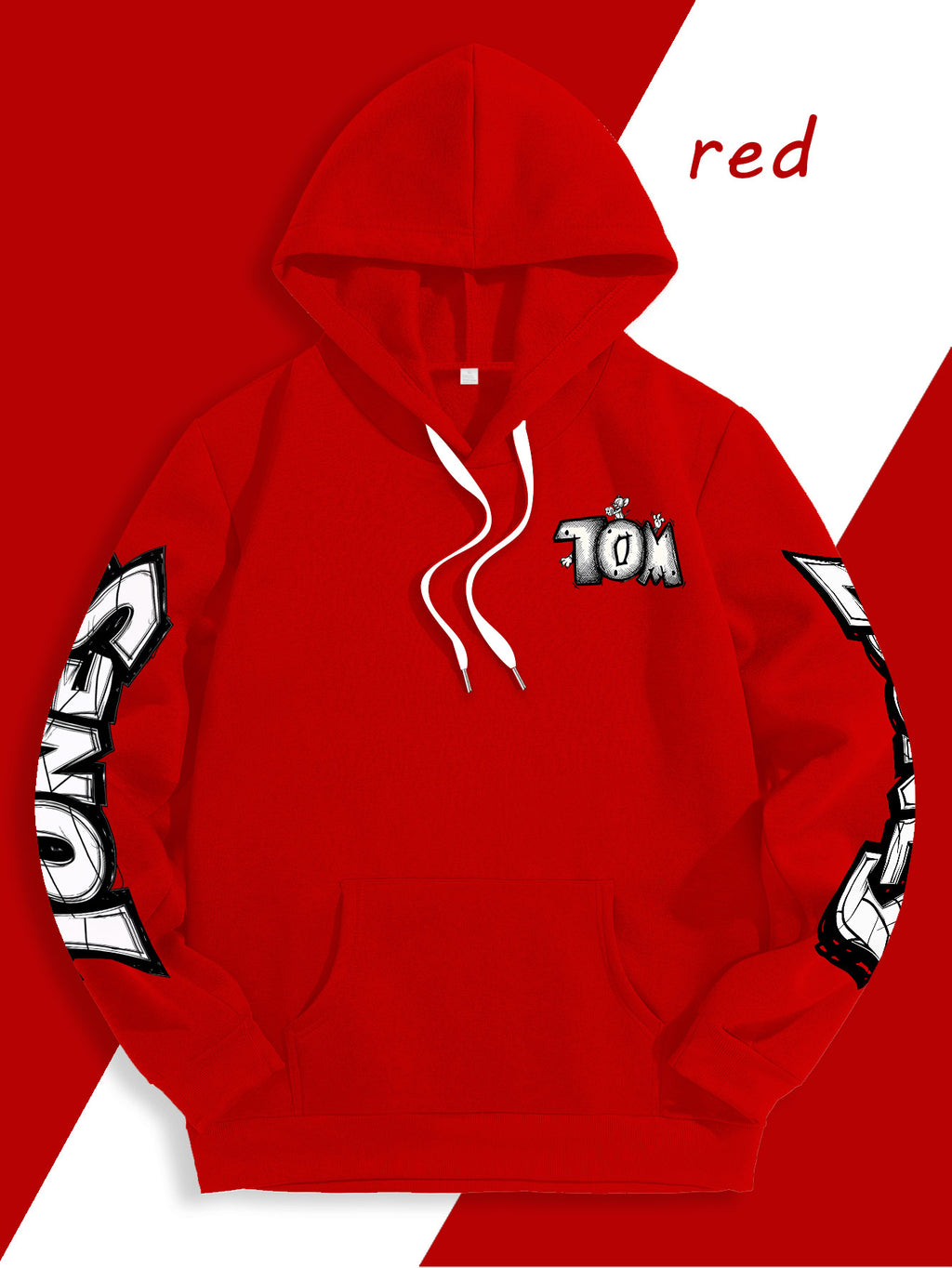 Men's Warner Bros. Vacation Hand-Drawn Sketch Print Hooded Sweatshirt, a Loose and Casual Hoodie Suitable for Animation IP Enthusiasts, Daily Commutes to School, Streetwear, and  Outfits for Couples and Best Friends - Red