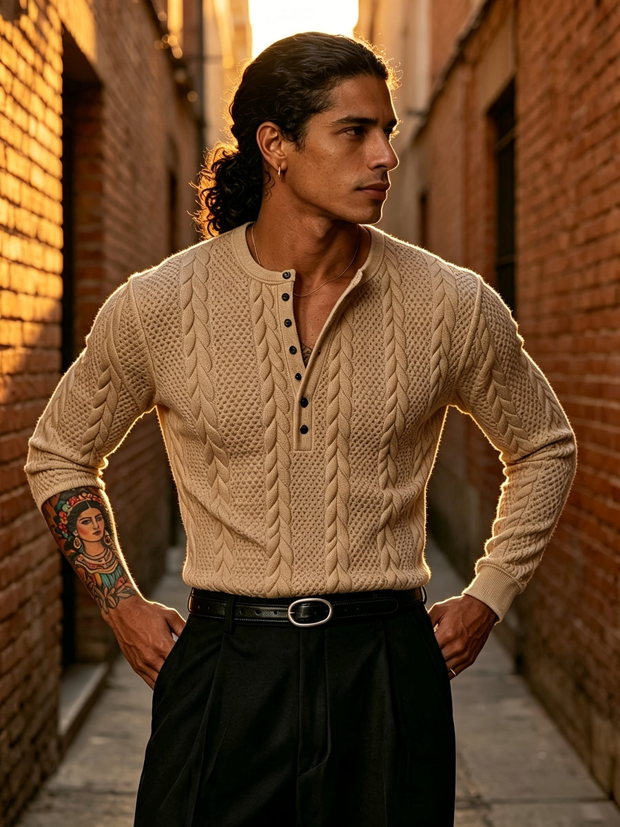 Back-To-School Season Men'S White Stretch Knit Long Sleeve Top, Henley Collar Pinstripe Textured Button-Up Shirt, Light Mature Korean Style Outfit, Early Autumn Fitted Style, Campus Outing And Weekend Shopping Knitwear - Khaki