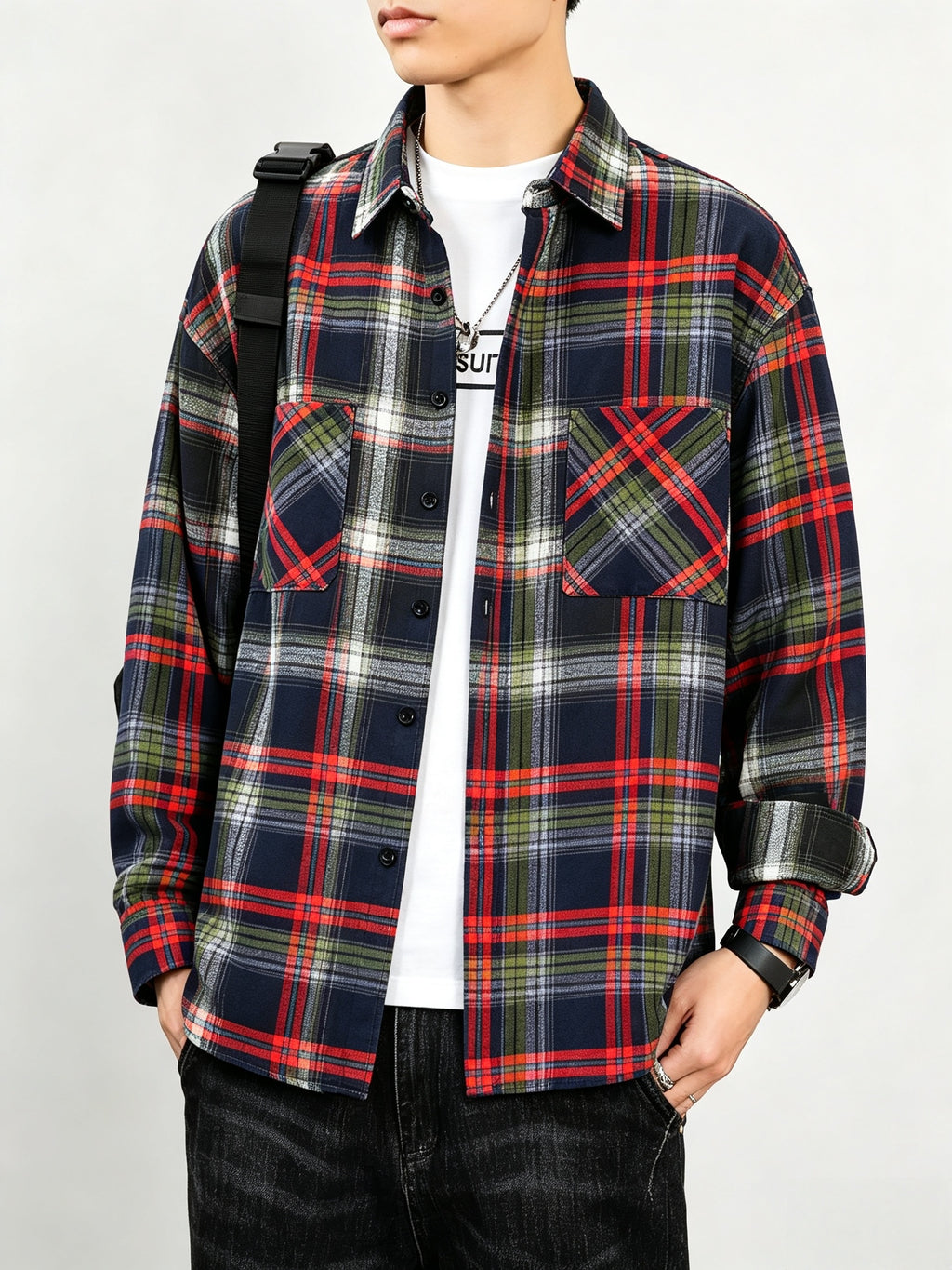 Men'S Casual Plaid Long Sleeve Shirt, Lapel Button-Up Shirt, Double Pocket Design, Classic Checkered Pattern, Twill Fabric, Comfortable And Breathable, Suitable for Spring And Autumn, Casual Outing, Men'S Dress Shirt, Men'S Shirt, Casual Business - Blue-violet