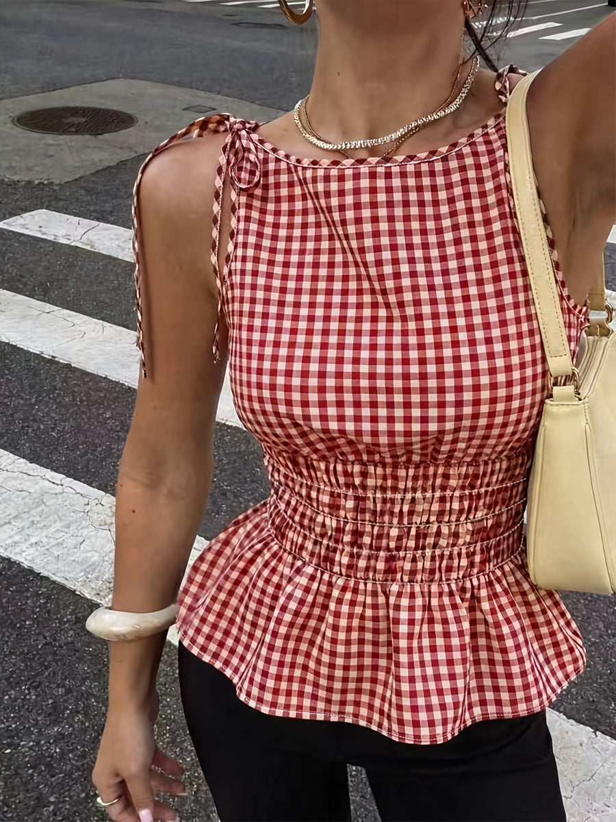 Women's Elegant Plaid Summer Vintage Nostalgic Picnic Style Sleeveless Bodycon Top, French-Style Shoulder Strap Tie-Up Heart-Shaped Neckline, Waist-Cinching Design, Ruffled Hem Doll-Style Top - Mixed colors