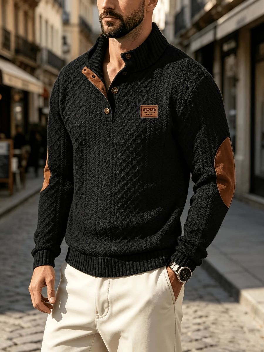 Men'S Casual Sports Sweater, Knit Sweater, American Casual Textured Diamond Knit Top, Men'S Stand Collar Contrast Color Button-Up Loose All-Match Retro Velvet Sweater Jacket, Autumn Winter Casual Sweater, Multi-Color Available - Black