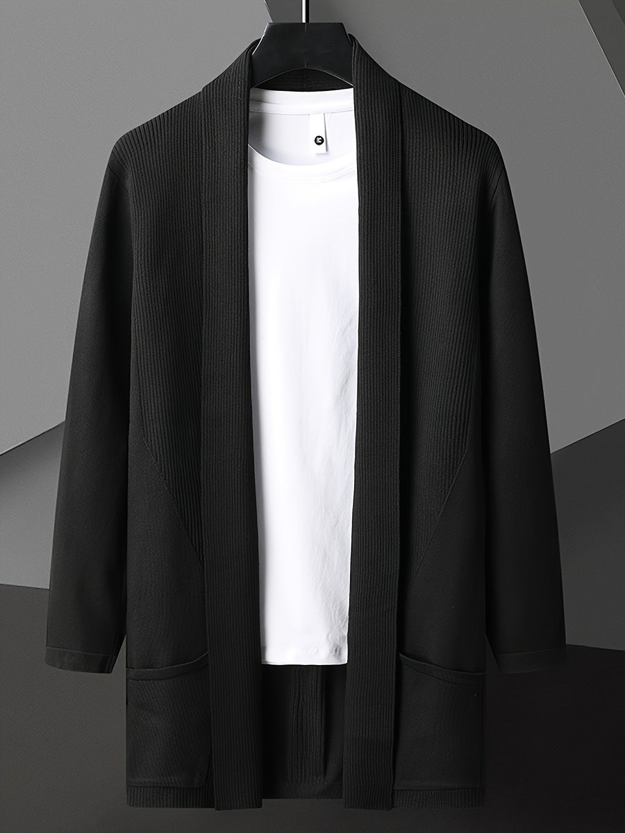 2025 Spring New Men's Street Style Long Sleeve Cardigan Sweater - Soft Stretch Knit Open Front Lapel Design, Regular Fit Long Length for Spring/Autumn Transitional Weather, Hand Washable Versatile Casual Outerwear, Sweater Cardigan - WE8296 Black